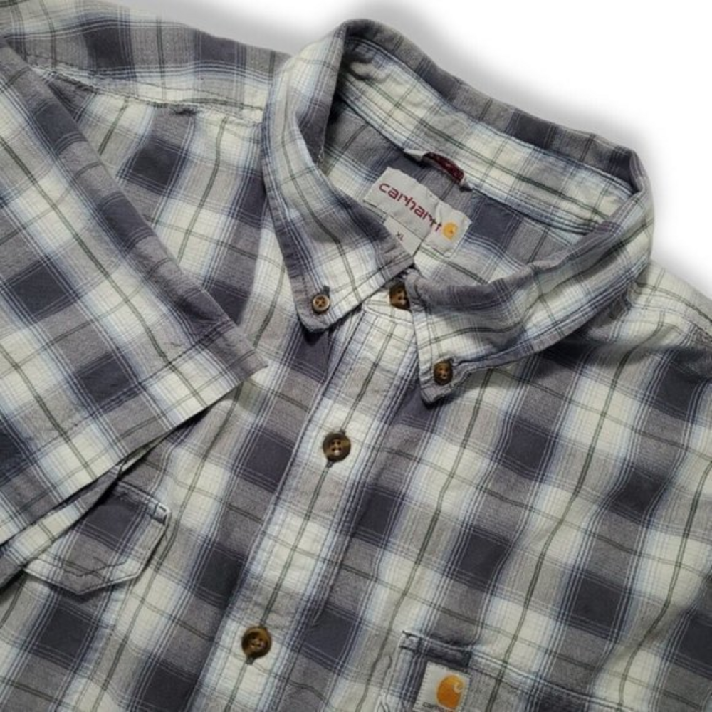 Carhartt Men's XL / X-Large Blue & White Plaid Short Sleeve Utility Cotton Shirt